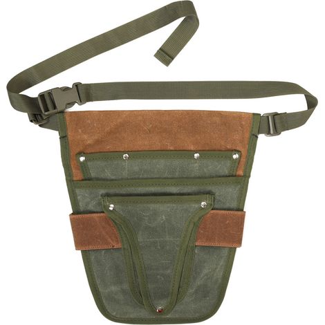 Sac à Outils de Jardinage en Toile Cirée Marron et Vert, Pochette Ceinture Résistante à l'Usure pour Désherbage, Sac Banane Électrique avec Rangement (1/4)