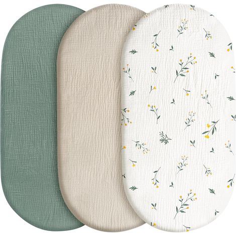 Lot de 3 draps-housses, protège-matelas, pour parc, 100 % mousseline de coton, doux, pour poussette, cadeau de naissance, couleur Floride (1/5)