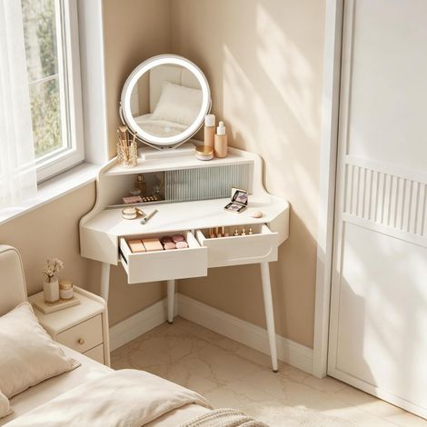 Coiffeuse d’angle blanche avec miroir rond dimmable, MDF E1, 90 x 139 x 63 cm, REDOM (1/4)