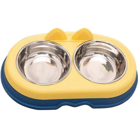 Gamelles doubles pour chiens et chats en acier inoxydable avec distributeur d'eau et de nourriture décoratif - Bleu et jaune (1/5)