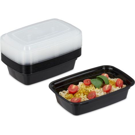 Boîtes repas Relaxdays, lot de 10, 1 compartiment, 1000 ml, compatibles micro-ondes, étanches, en plastique noir, pour le déjeuner (1/5)