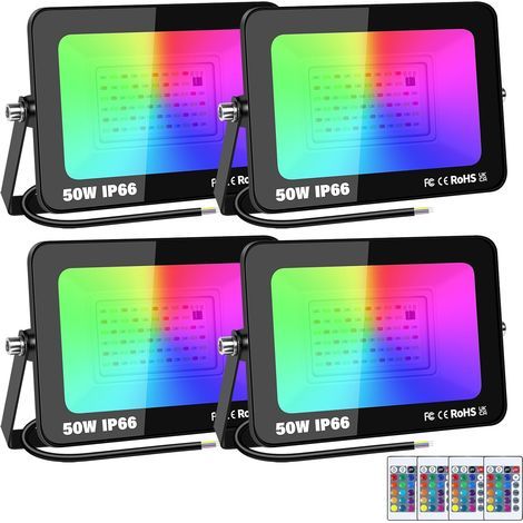 4 Pack 50W RGB Projecteur LED Extérieurs Avec Télécommande, Exterieur & Interieur 16 Couleurs 4 Modes RGBW Lumière de Projecteur, Neon Spot Led Pour Jadin, Terrasse, Patio, IP66 étanche (1/5)