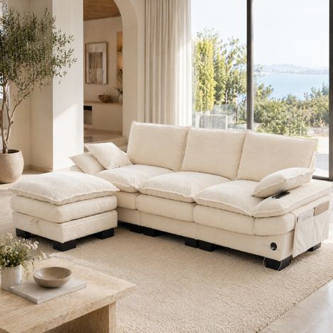 Canapé modulaire 3 places 260/132/84 cm en velours côtelé beige avec pouf, USB-C et poches latérales (1/5)