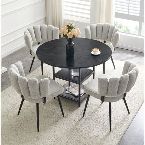 Ensemble repas 107 cm MDF métal noir, 4 chaises gris clair, gain de place salle à manger FloraGrace (1/5)