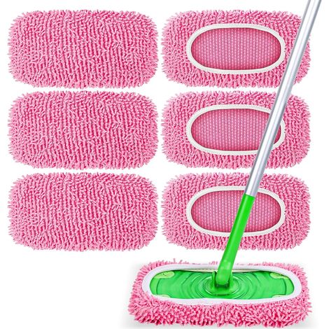 Lot de 6 lingettes réutilisables compatibles avec le balai Swiffer, recharges de balai chenille, lingettes pour nettoyage sec et humide des sols - Rose (1/5)