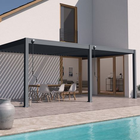Ombrea – Pergola bioclimatique adossée 3x6M – Aluminium blanc – Lames orientables jusqu'à 135° – Résistance au vent 100 km/h – Garantie 5 ans