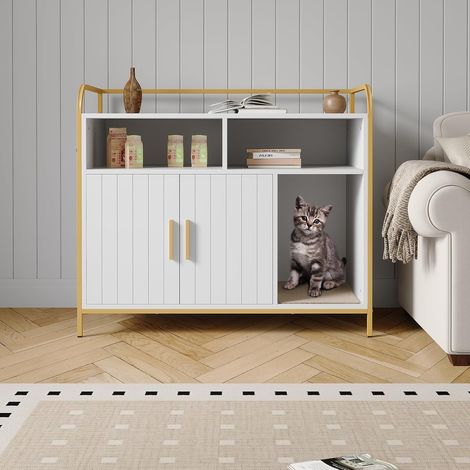 Meuble cache-litière pour chat 37,4'' – Maison de toilette moderne en bois avec entrée latérale, étagères de rangement, table d’appoint décorative, contrôle des odeurs, entretien facile – Pour chats p (1/5)