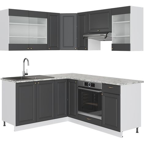 Cocina esquinera Fame-Line, Antracita-oro/Blanco, 190 x 160 cm, ET Mármol, Vicco