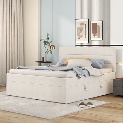 Letto matrimoniale minimalista 140x200 cm beige, legno massello e MDF, testiera in lino, rete a doghe sollevabile con vano contenitore (1/5)