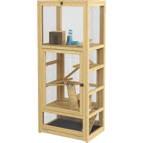 Cage hamster petits animaux bois naturel 5 niveaux niche balançoire 54 x 38 x 131 cm (1/5)