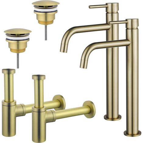 FugaFlow Eccelente Sobrado Slim Kit robinet lavabo - pour double vasque - robinet rehaussé - bonde non-obturable - siphon design - Laiton brossé PVD (1/4)