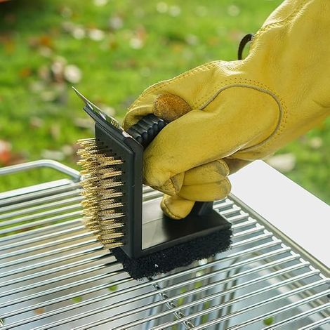 Brosse et raclette pour barbecue avec poils en métal et épurateur sans poils, deux brosses latérales, nettoyeur à poignée courte portable pour grilles de barbecue, supports en fonte (1/4)