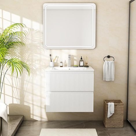 WUMAGIN - Meuble simple vasque - 52x46x60cm - Décor chêne avec vasque - Doté de deux tiroirs - Design moderne européen - Pour aux salles de bains, toilettes et salles de douche - Blanc