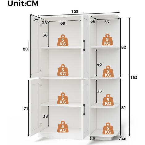 Armoire de cuisine haute 4 portes, rangement mural avec 4 étagères ouvertes et étagères ajustables, buffet garde-manger pour salon ou salle à manger, 103 × 40 × 163 cm (1/5)