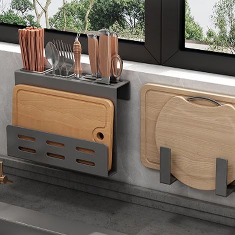Support mural de rangement de cuisine avec porte-couteaux, baguettes et planche à découper en acier au carbone, noir.
