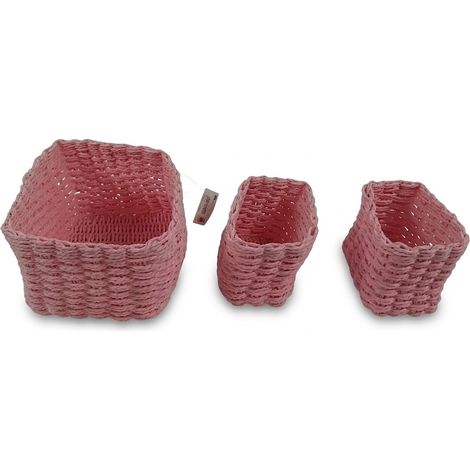 Lot de 3 - FRANDIS - Paniers de rangement tressés - Rose - Papier coton - 23 x 17 x 13 cm - 15 x 10 x 11 cm - Réf 192440 - Idéal pour salle de bain - Voir photos pour détails (1/2)