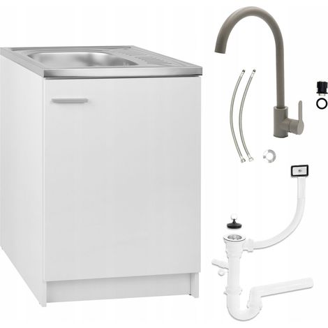 Weißer Küchenschrank 60x50 – mit Badewanne – hoher Armatur – Ablaufgarnitur – praktische Möbel