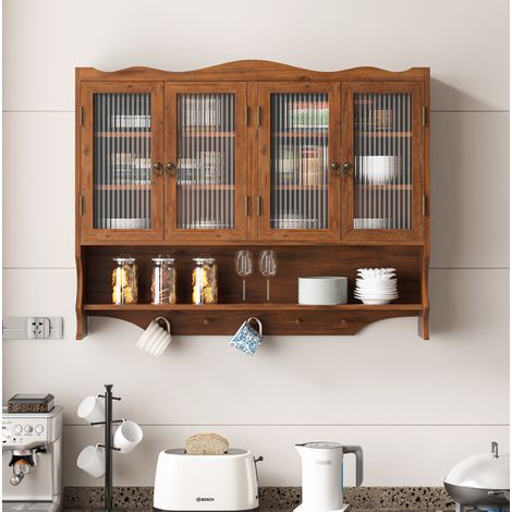 Mobile pensile 100x20x80 cm marrone in legno massello e vetro con 4 ante e ripiani removibili (1/5)