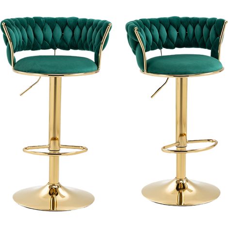Juego de 2 sillas de bar giratorias de 360 grados, taburetes de bar ajustables en altura, tapizados en terciopelo verde con reposapiés, ideales para cocina, comedor, bar, oficina y sala de estar. (1/5)