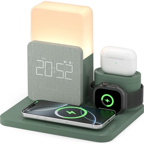 Réveil sans fil 3 en 1 (vert) : station de charge rapide et veilleuse avec écran LED. (1/5)