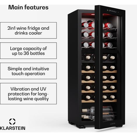 Klarstein Bovella 36 Duo+ Wine Fridge - 36 Bottle Capacity, Dual Zone, 5-18°C, Touch Control, LED Lighting, UV Protection, Quiet, Free-Standing Wine Cooler