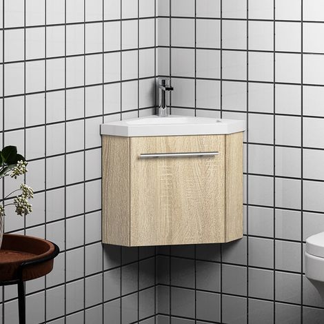 Aica Sanitaire – Meuble salle de bain d'angle 39.5x39.5x42cm – 1 porte – meuble suspendu avec vasque – Finition mélaminé mat et laqué brillant – Système SoftClosing (1/4)