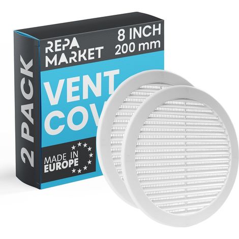 Lot de 2 grilles d'aération rondes blanches de 200 mm (ouverture) - En plastique - Avec écran en maille de nylon - Pour mur, plafond et climatisation (1/5)