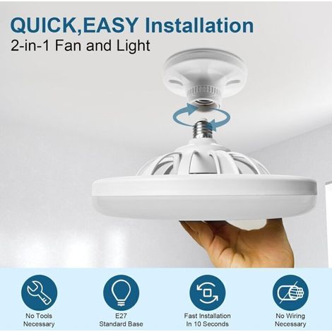 Ventilateur de plafond éclairé, ventilateur de plafond fermé silencieux E27 de 10 pouces, 30W, ventilateur mural portable enfichable pour chambre à coucher et salon,Gradation de trois couleurs (1/4)