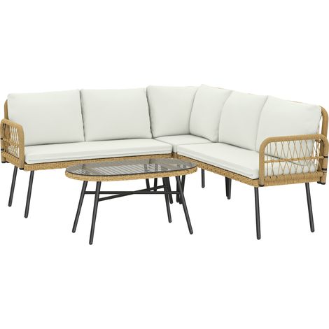 Set 4 Pezzi Salotto da Giardino con 2 Divani 2 Posti Angolari e Tavolino da Caffè in Acciaio e Rattan Legno e Crema (1/5)