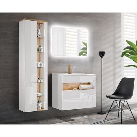 Badmöbel Set mit Keramik-Waschtisch inkl LED BERMUDA-56 in Weiß-Hochglanz mit Wotaneiche B/H/T: 145/200/45cm (1/5)