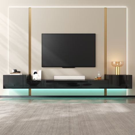 Meuble TV mural noir brillant avec LED multicolore, 245 x 30 x 26 cm (1/5)
