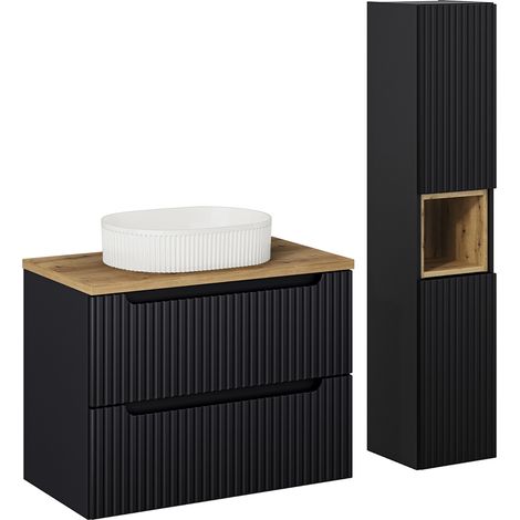 Conjunto de muebles con lavabo individual 80cm 2 cajones y columna Riva Negro y Madera (1/4)