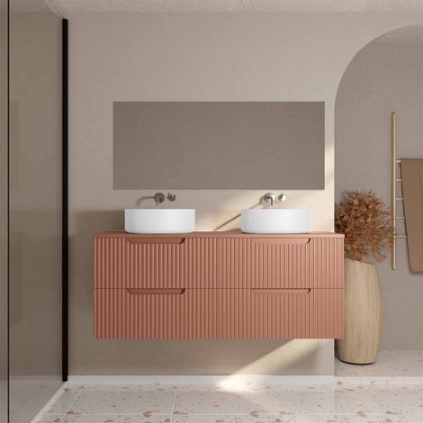 Mueble baño 120 cm terracota. 4 cajones ondulados y lavabos