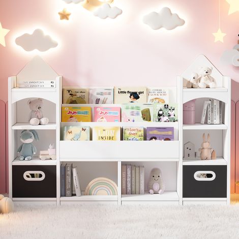Libreria per bambini a forma di castello, 130x30x90 cm, con 2 scatole pieghevoli, per riporre libri e giocattoli, in MDF bianco (1/5)