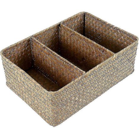 Panier en osier à trois compartiments avec étagères compatibles, panier de rangement en algues tressées à la main, grand panier à papier toilette (1/5)