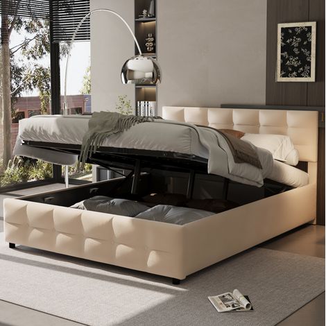 Lit coffre double 180 x 200 cm Lit rembourré avec rangement hydraulique, sommier à lattes,tête de lit confortable, design élégant,velours beige (1/5)