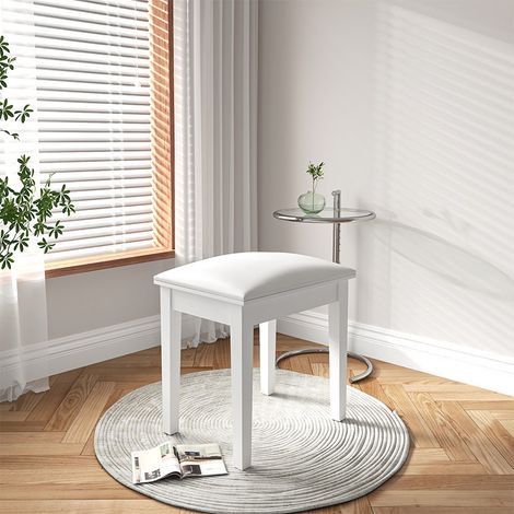Tabouret de Coiffeuse Blanc Moderne Rembourré, Sans Dossier, Cuir PU Doux, Pieds en Bois Massif, Pouf Ottoman