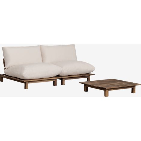 Ensemble de salon avec canapé inclinable modulable 2 pièces et table basse en bois d'acacia Brina SKLUM Beige Crème