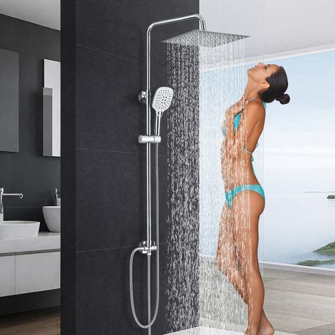 Colonne de douche à effet pluie, en acier inoxydable, sans robinet, avec douchette, pommeau de douche avec tuyau et support, 3 types de jet, 30 x 30 cm, carré, chromé (1/5)