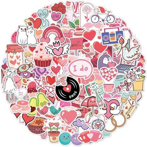 Juego de 100 pegatinas rosas con forma de corazón - Bonitas pegatinas para scrapbooking - Pegatinas decorativas para botellas de agua - Vinilo impermeable - Para sobres, ordenadores (1/4)
