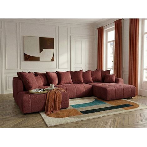 BOBOCHIC - Canapé panoramique convertible ROXELANE tissu bouclette Angle droit Rouge (1/5)