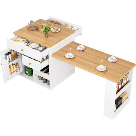 CHICFURN Mueble isla de cocina extensible con encimera deslizante, 122,5-195,5 cm, blanco, 2 cajones, huecos abiertos y botellero, resistente hasta 60 kg (1/5)