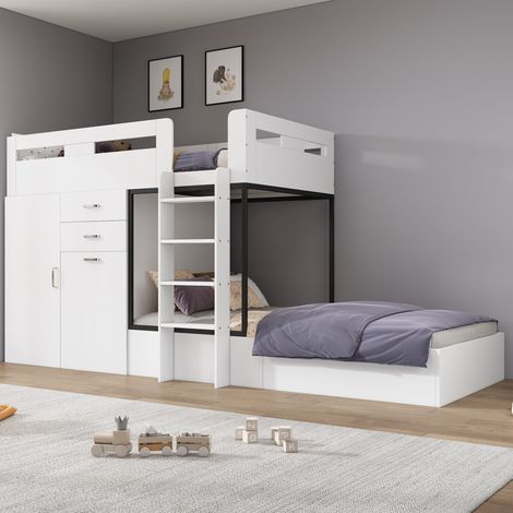 OKWISH Kinder-Etagenbett mit ausziehbarem Schreibtisch und Schrank, 90 x 200 cm, Weiß (1/5)