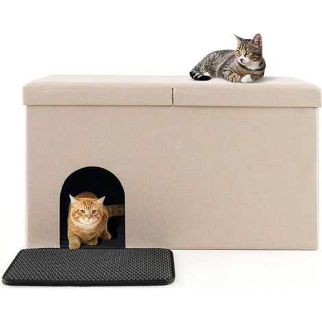 3-in-1 Cat Litter Box Enclosure Hidden Cat Washroom Ottoman Shoe Bench Flip-up (1/5)
