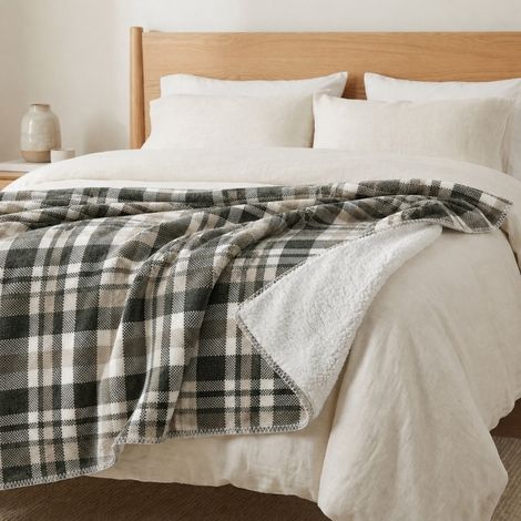 Plaid Coperta Scozzese Matrimoniale 210x230 Grigio Tortora con Sherpa, 100% Poliestere, Copriletto Divano (1/5)