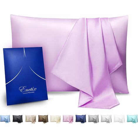 Lot de 2 taies d'oreiller en Satin de Soie pour Cheveux et Peau, avec Fermeture éclair dissimulée, Lisse et sans acné, Tailles Standards (50 × 70 cm), Lilas (1/5)