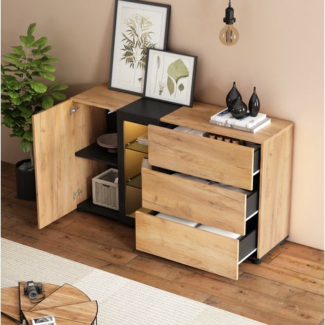 Sideboard 140/40/80 cm in Schwarz/Braun mit RGB-LED, 3 Schubladen und verstellbaren Böden (1/5)