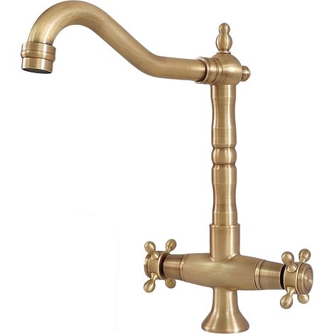 Rétro Robinet Cuisine Évier à Deux Poignées en Laiton Antique robinet mélangeur lavabo haut bronze, rotatif à 360°, bec de 19 cm, eau chaude et froide, pour salle de bain cuisine (1/5)