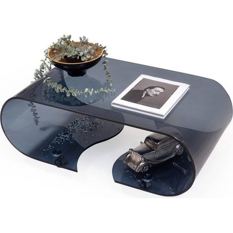 Mesa de centro con ruedas y cristal curvado de una pieza COFFEE SMOKE GRIS de 90x50x36,5 cm