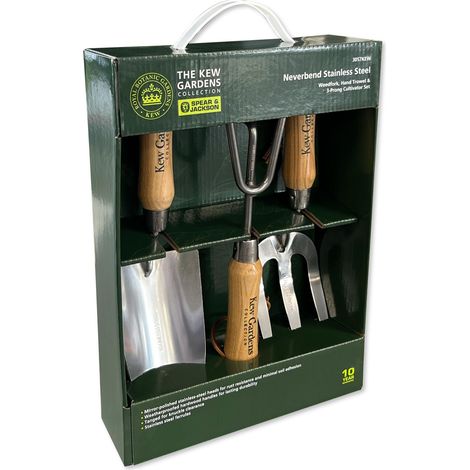 Coffret Cadeau d’Outils de Jardin – 3 pièces – transplantoir, Fourche à désherber et cultivateur avec Manches en Bois et têtes en Acier Inoxydable Poli Miroir (1/5)